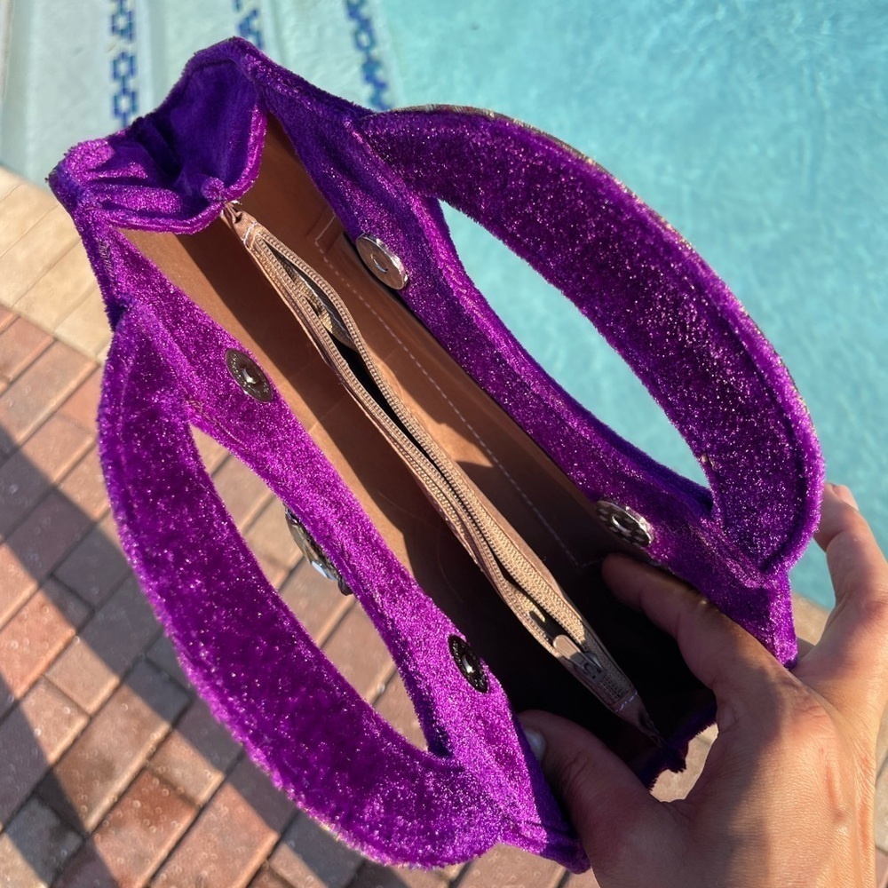 Purple Velvet Clutch with Embellished Brooch - Picture 5 of 12